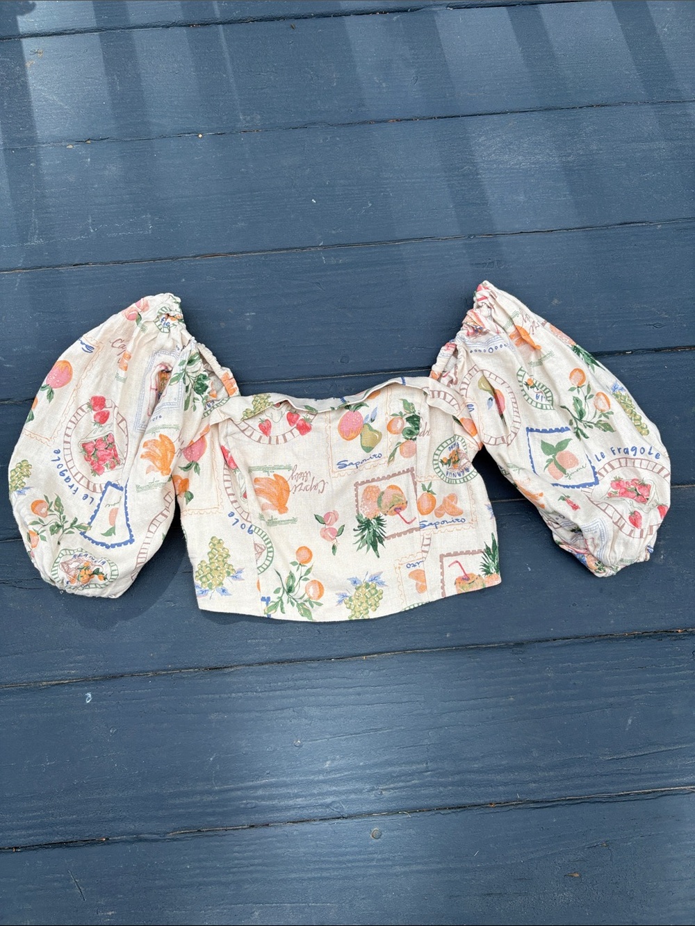 Abercrombie and Fitch Fruit-Print Puff Sleeve Crop Top - Cream